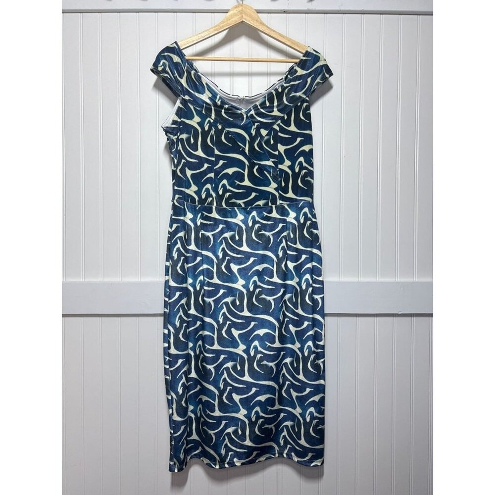 Averie NWT Dress Mermaid Coastal Thea Off Shoulder Blue Abstract Sheath Regency